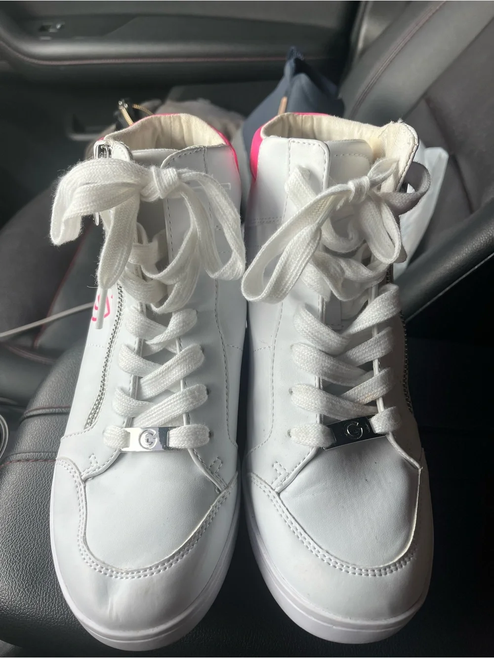 G by Guess White Wedge Sneakers with Hot Pink Accent